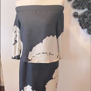 Tibi silk strapless graphic dress.